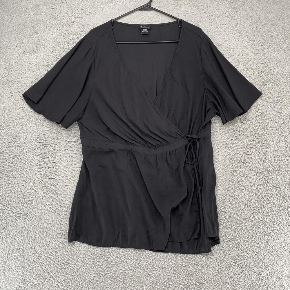 Torrid Wrap Top Womens 3X Black V Neck Short Sleeve Babydoll Tunic Office Work